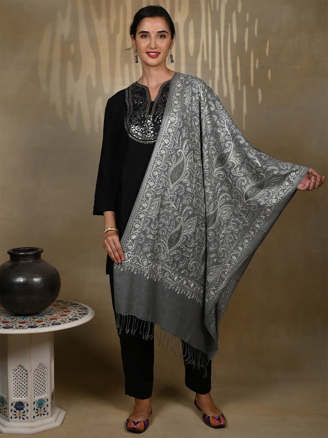 Exotic India Pure Wool Monochromatic Grey Kashmiri Stole with Silver Color Aari Threadwork