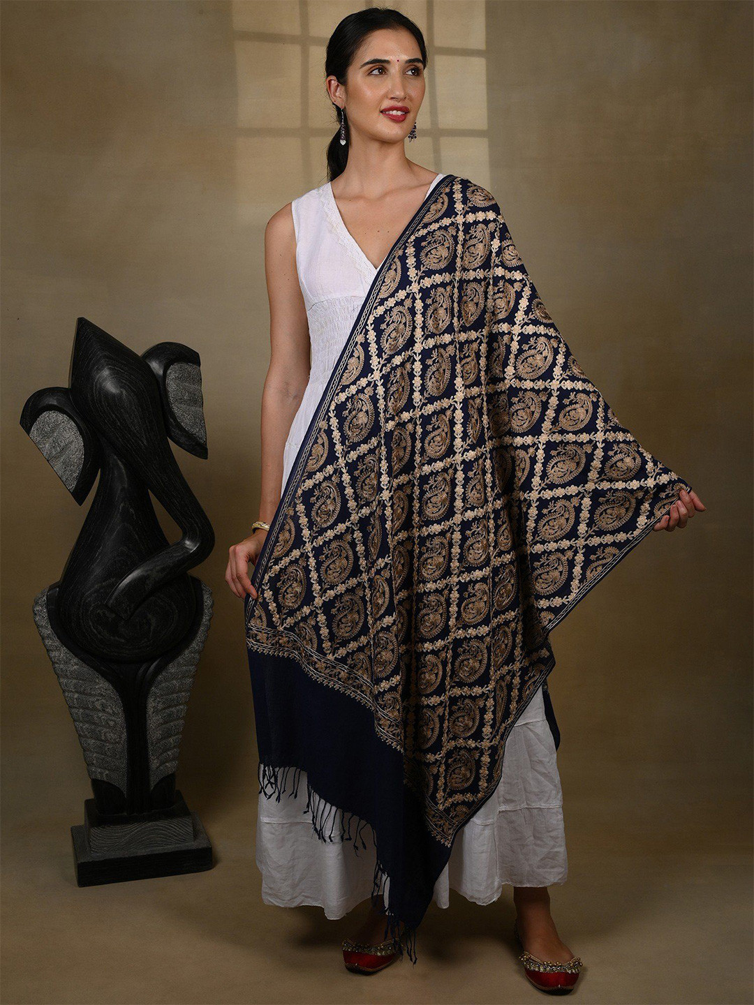 Exotic India Navy Blue Aari Thread Work Paisleys Pure Wool Kashmiri Stole