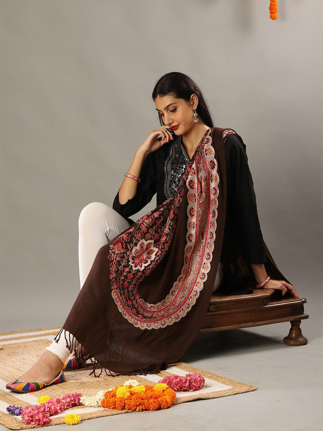 Exotic India Traditional Kashmiri Motifs Aari Embroidered Brown Fine Wool Stole
