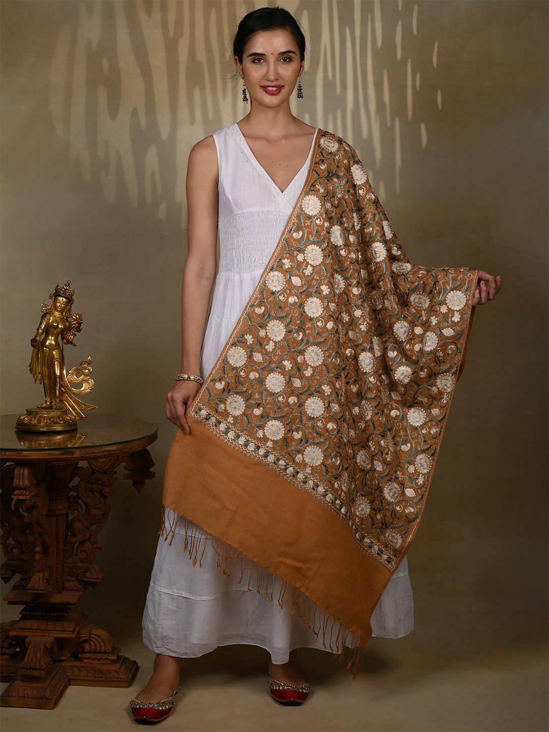 Exotic India Mud Brown Pure Wool Aari Threadwork Sunflower Motif Kashmiri Stole