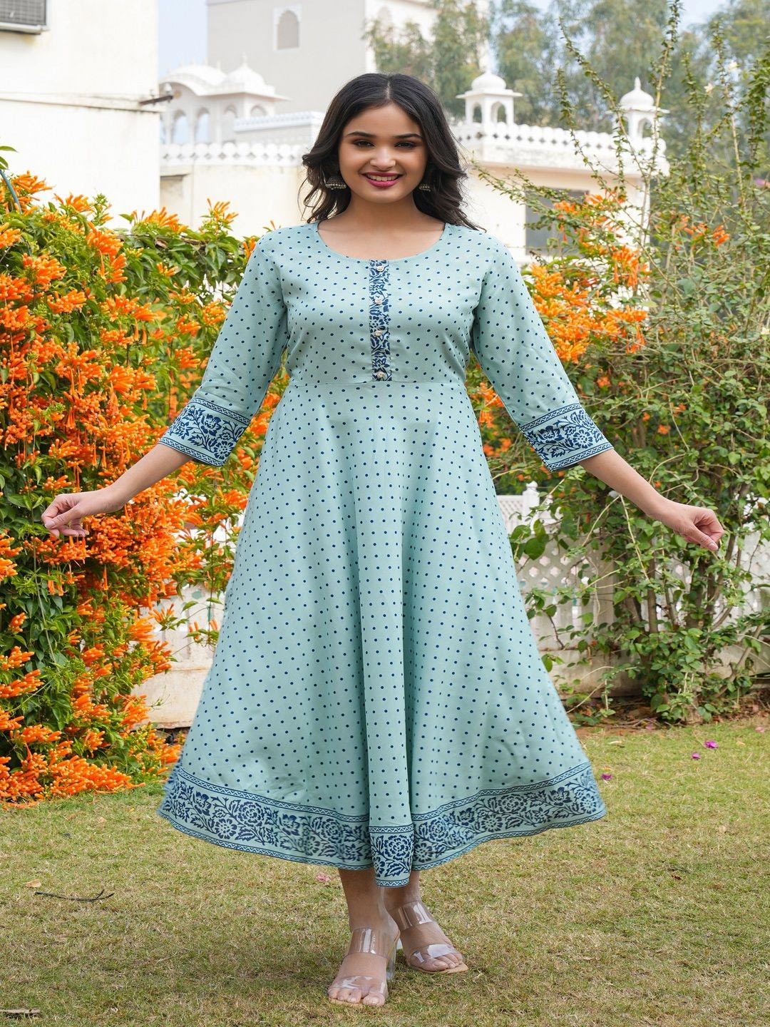 MF Hayat Round Neck Polka Dot Printed Flared Ethnic Dress