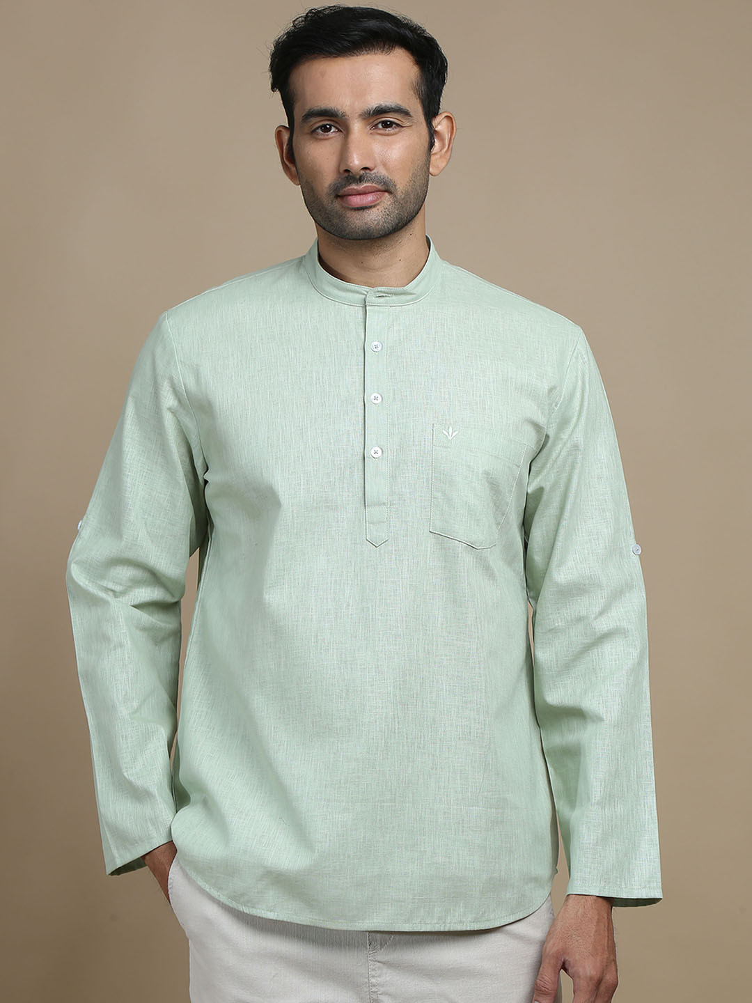 FILORI STUDIO Mandarin Collar Thread Work Curved Straight Cotton Short Kurta