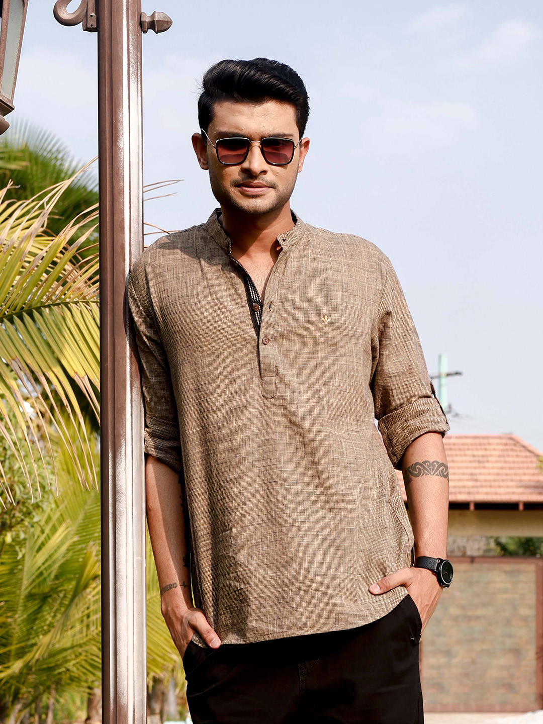 FILORI STUDIO Men Woven Design Mini Checks Pure Cotton Kurta