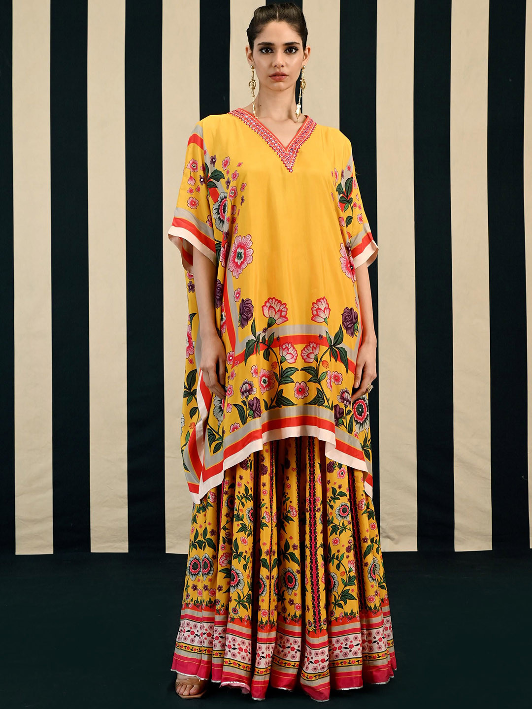 SWATI VIJAIVARGIE V-Neck Ethnic Motifs Printed Pure Silk Kaftan Kurta with Sharara