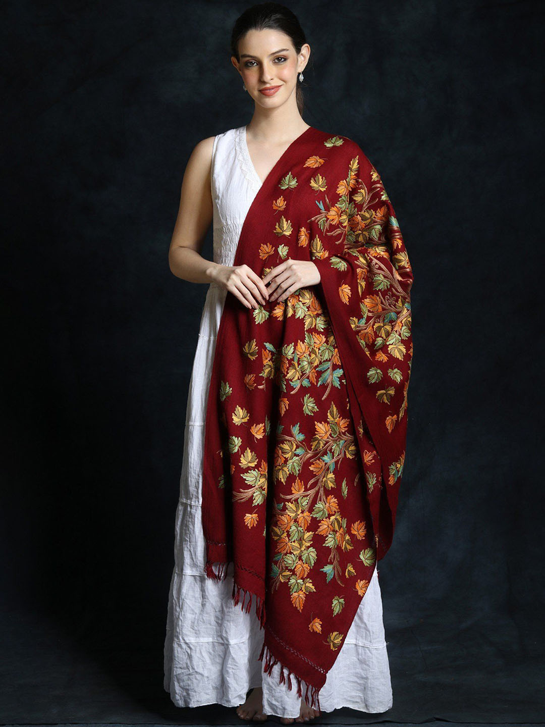 Exotic India Biking Red Wool Aari Tree Embroidered in Multicolored Shawl