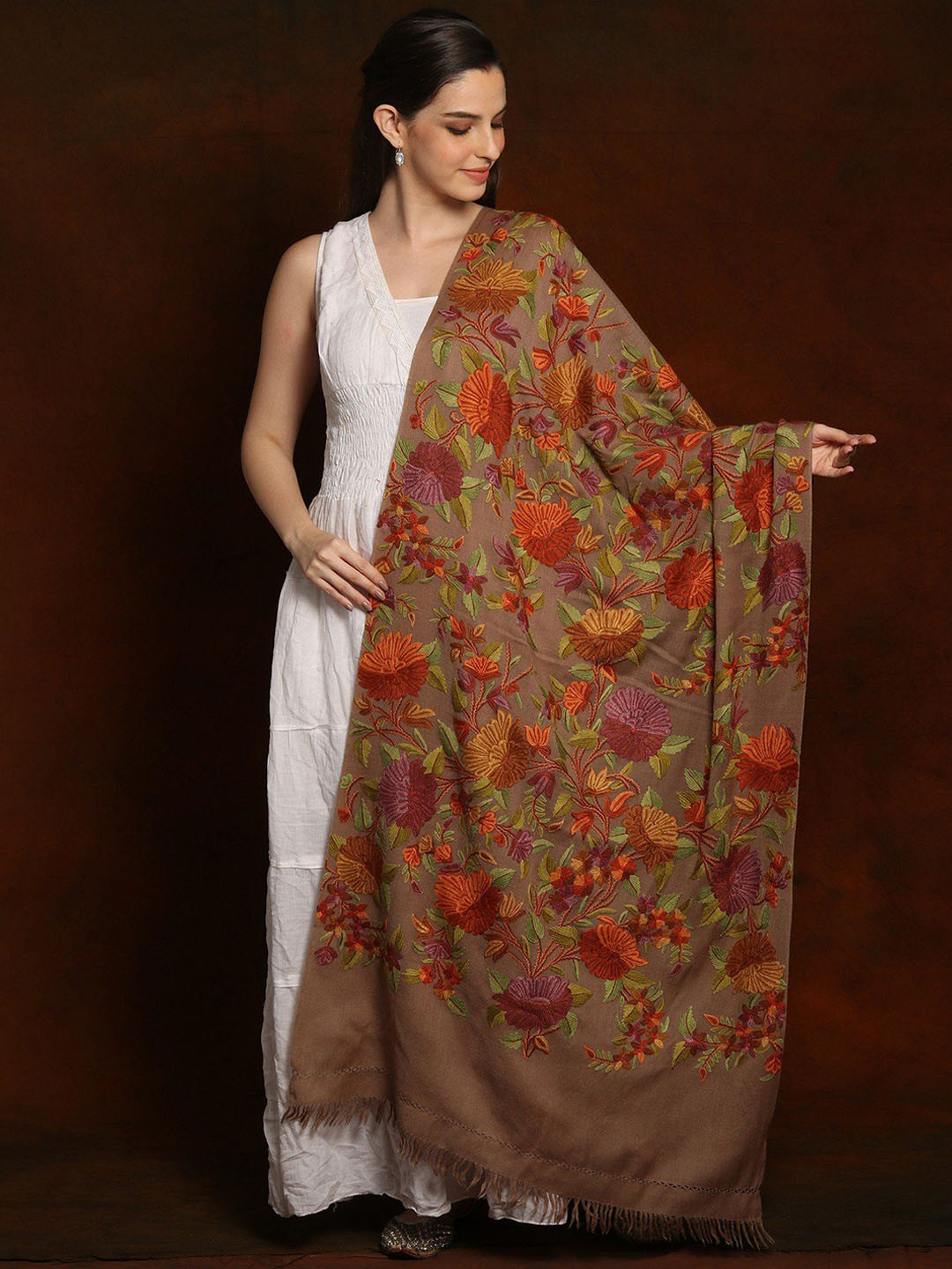 Exotic India Khaki Brown Woolen Multicolored Aari Floral Embroidered Shawl