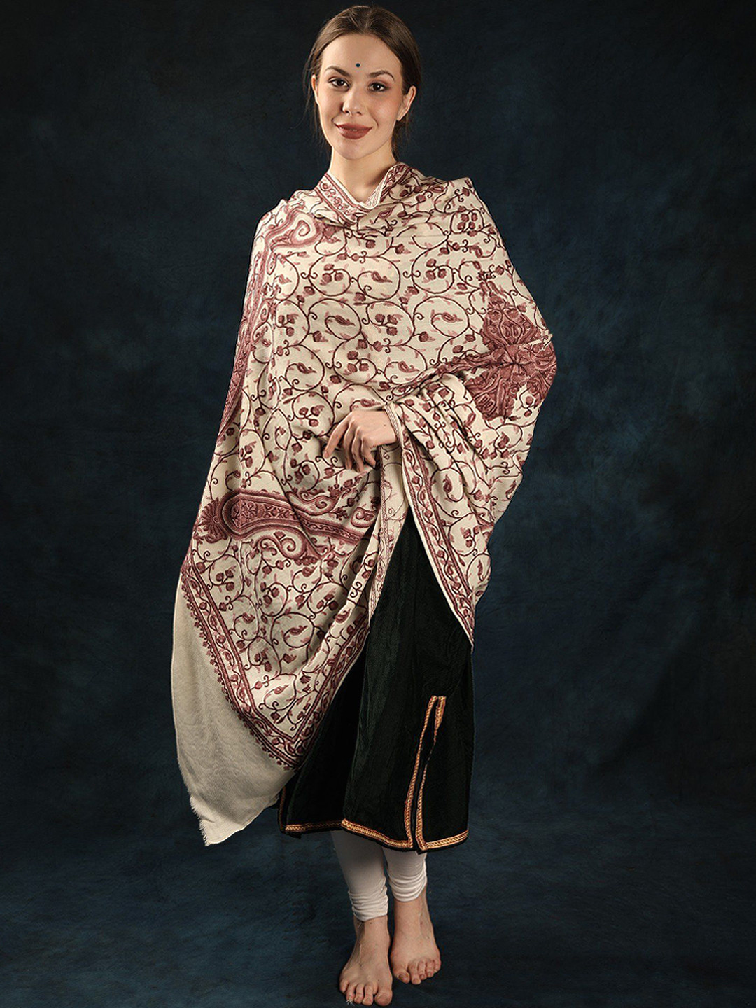 Exotic India Antique White Paisley Jaal Aari Hand-Embroidered Pure Wool Kashmiri Shawl