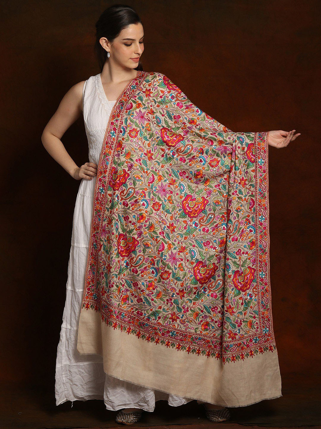 Exotic India Off White Sozni Multicolored Embroidered Jamawar Pure Pashmina Kashmiri Shawl