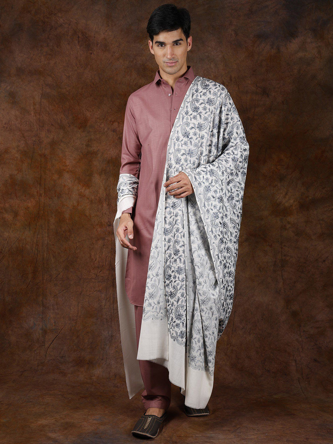 Exotic India Lucent White Men's Pure Wool Aari Embroidered Paisley Vines Shawl