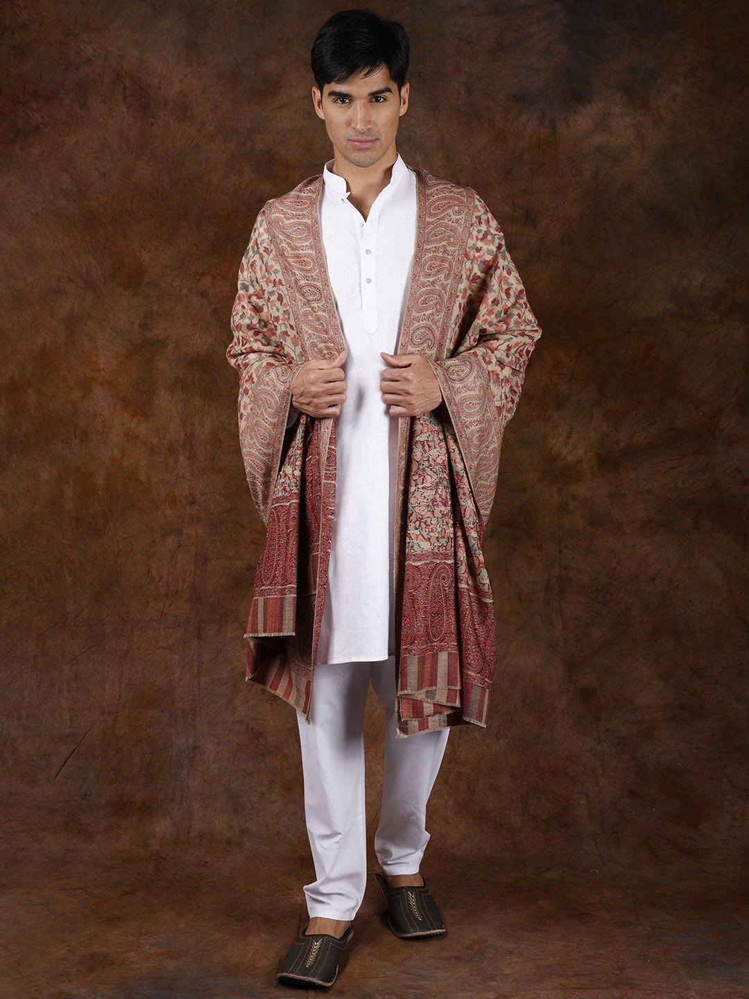 Exotic India Irish Cream Wool Men's Kani Jamawar Shawl with Woven Flowers & Paisleys