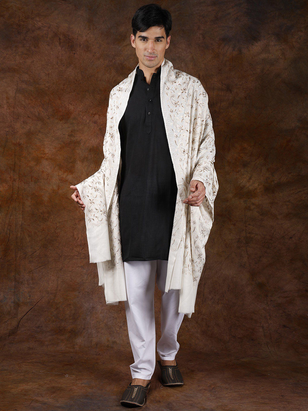 Exotic India Off White Men's Pure Wool Aari Embroidered Paisley Vines Shawl