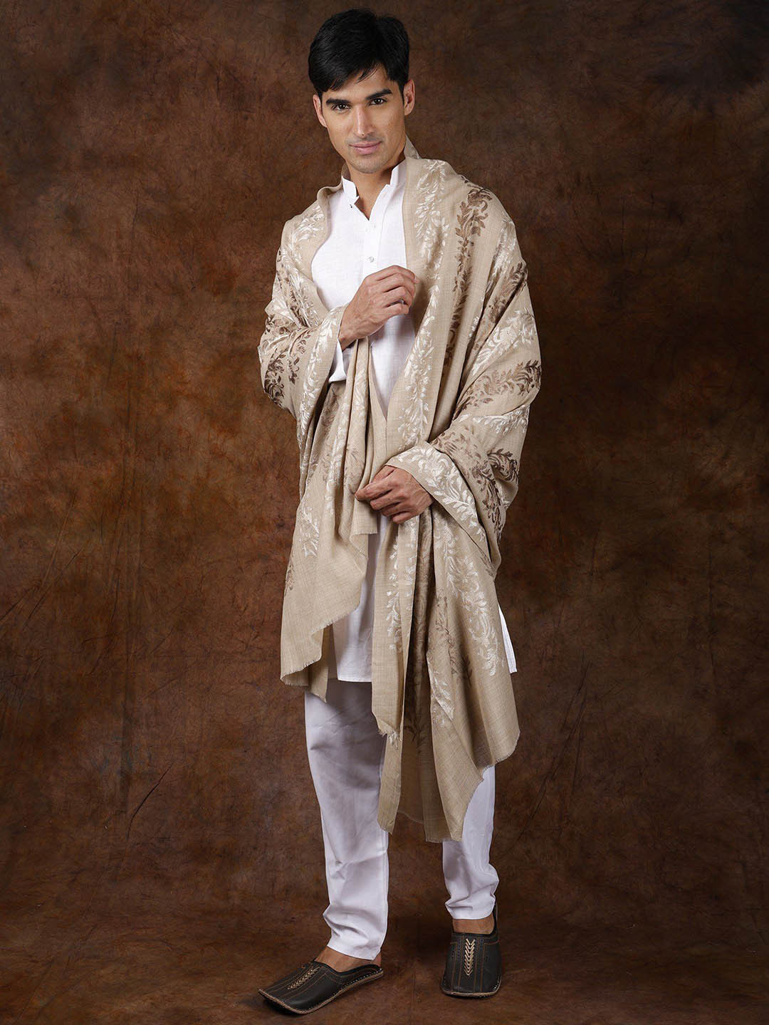 Exotic India Oyster Gray Pure Wool Aari Embroidered Floral Vines Shawl