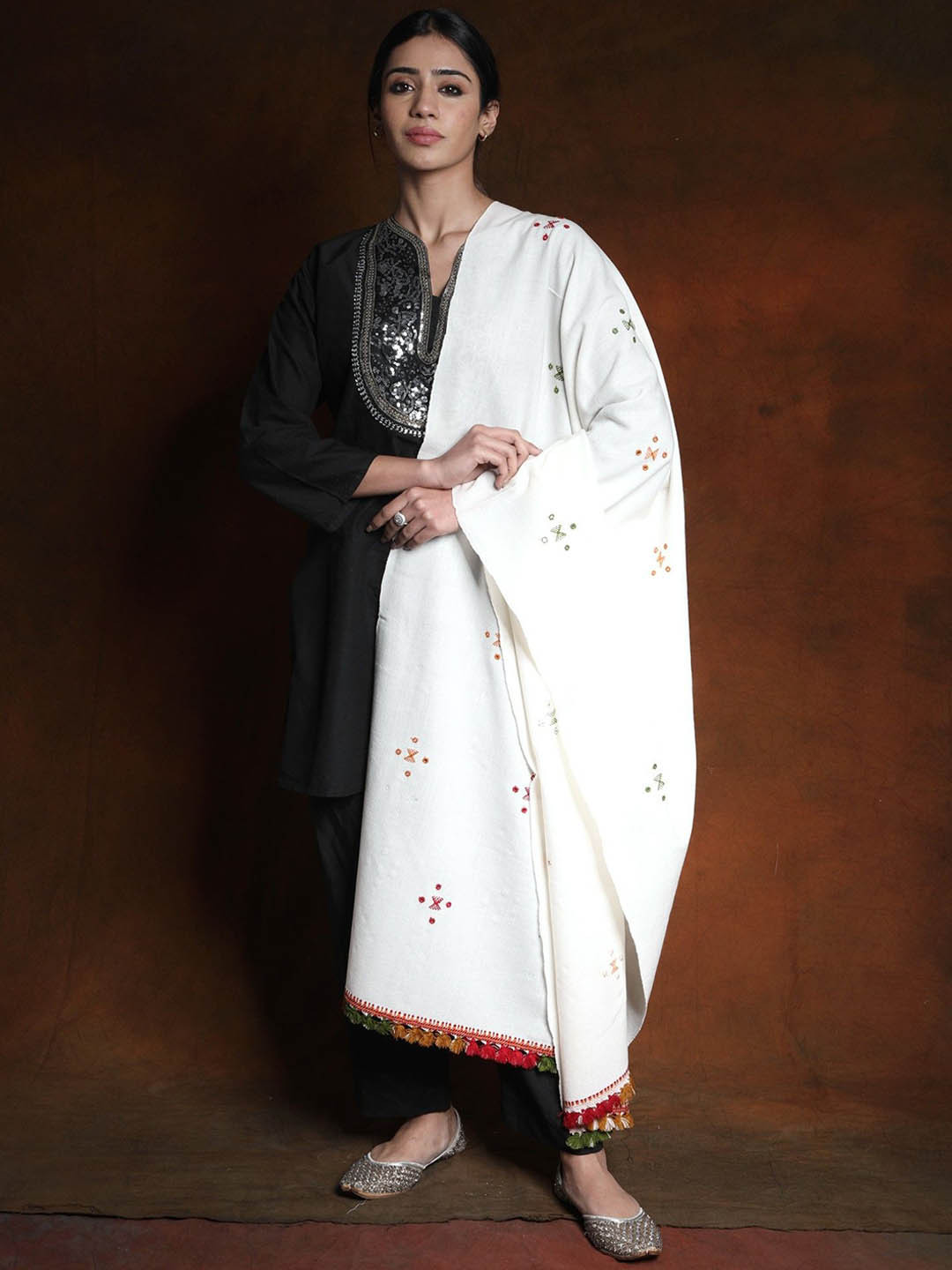 Exotic India Cannoli Cream Woolen Plain Shawl with Mirror Embroidery