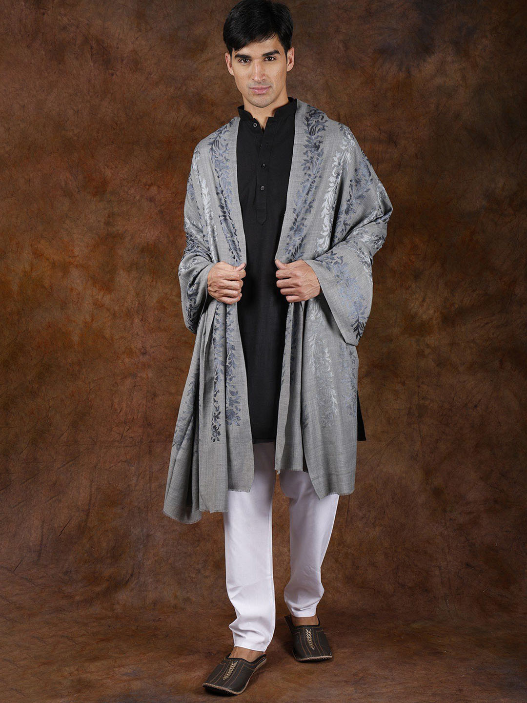 Exotic India Flint Gray Pure Wool Aari Embroidered Floral Vines Shawl