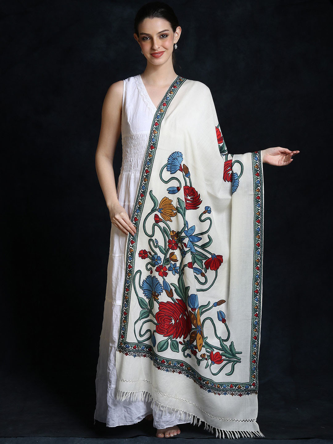 Exotic India Snow White Woolen Multicolored Floral Fine Aari Embroidered Kashmiri Shawl