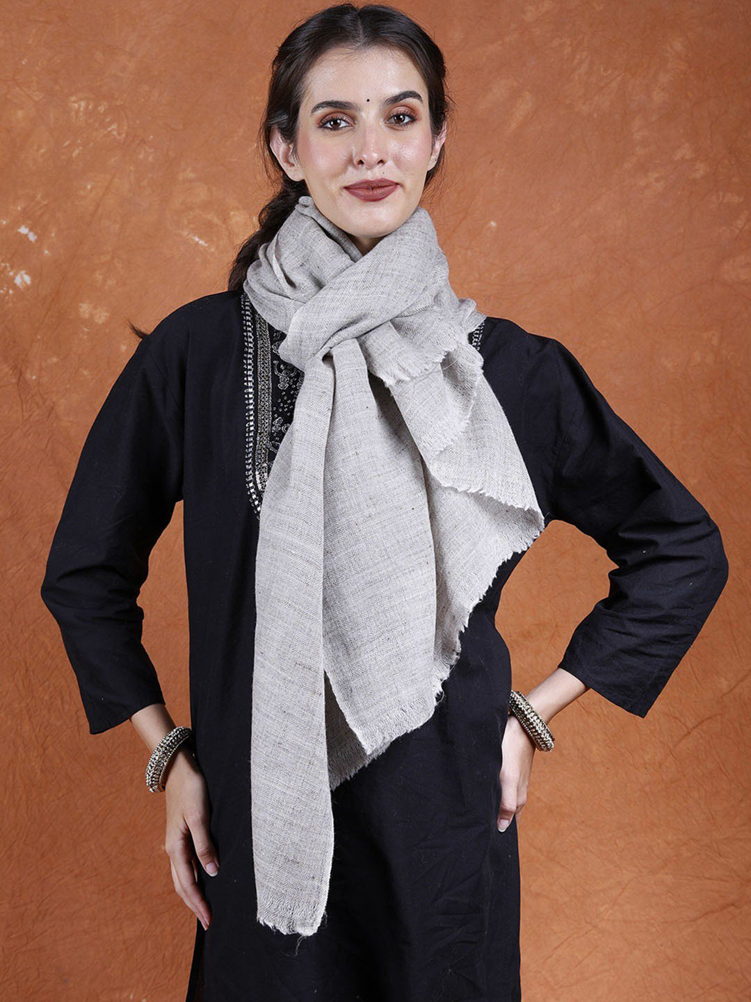 Exotic India Silver Cloud Pure Wool Plain Cashmere Ladakh Shawl and All-Over Chevron Weave