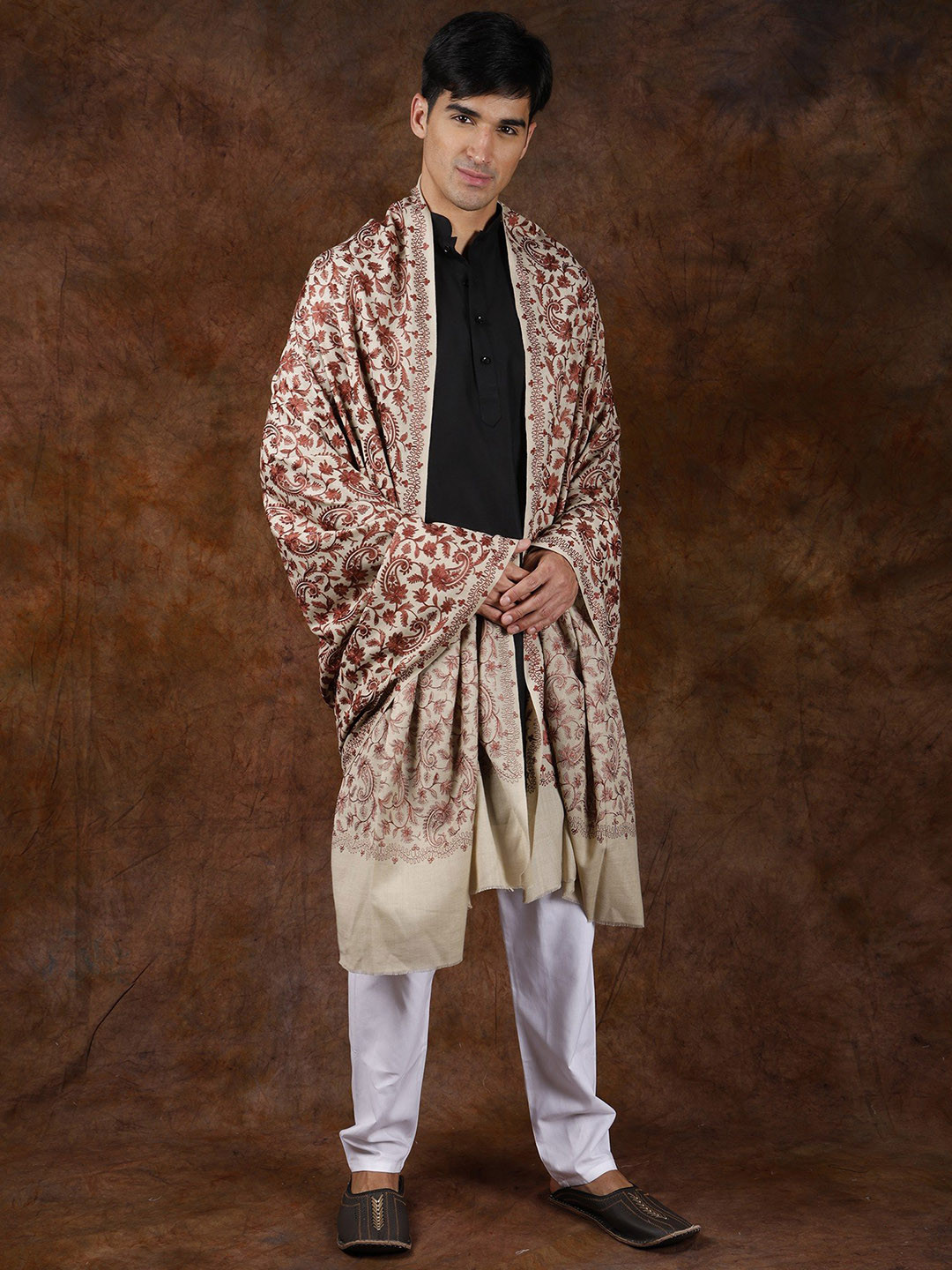 Exotic India Oyster Gray Men's Pure Wool Aari Embroidered Paisley Vines Shawl