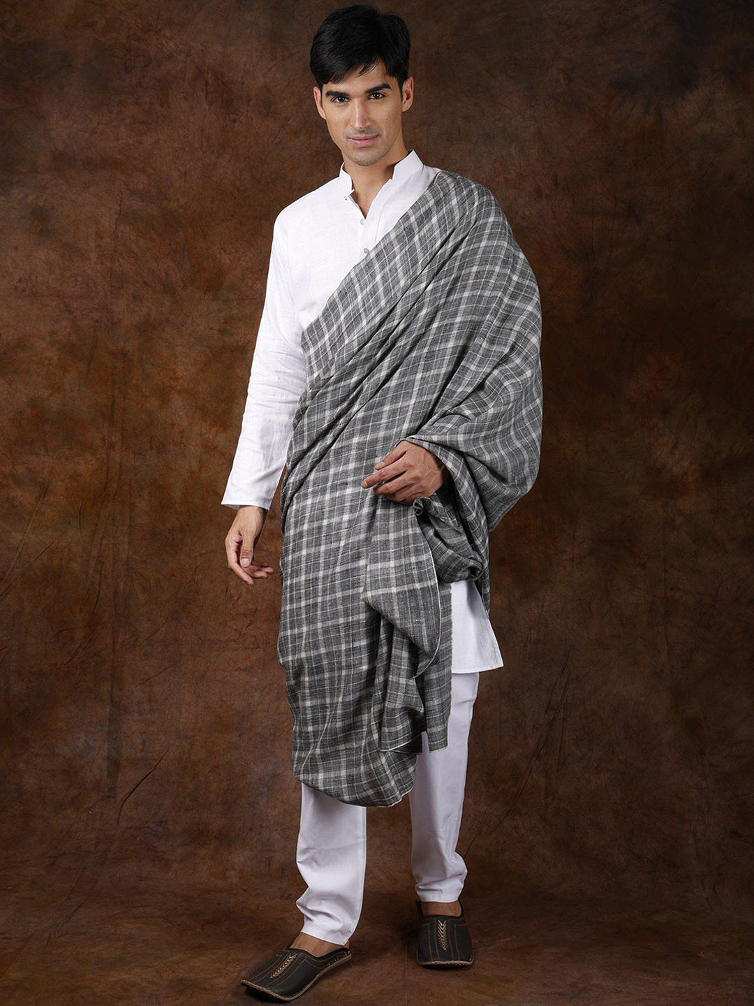 Exotic India Gray Quill Men's Checks Woven Shawl with Kullu