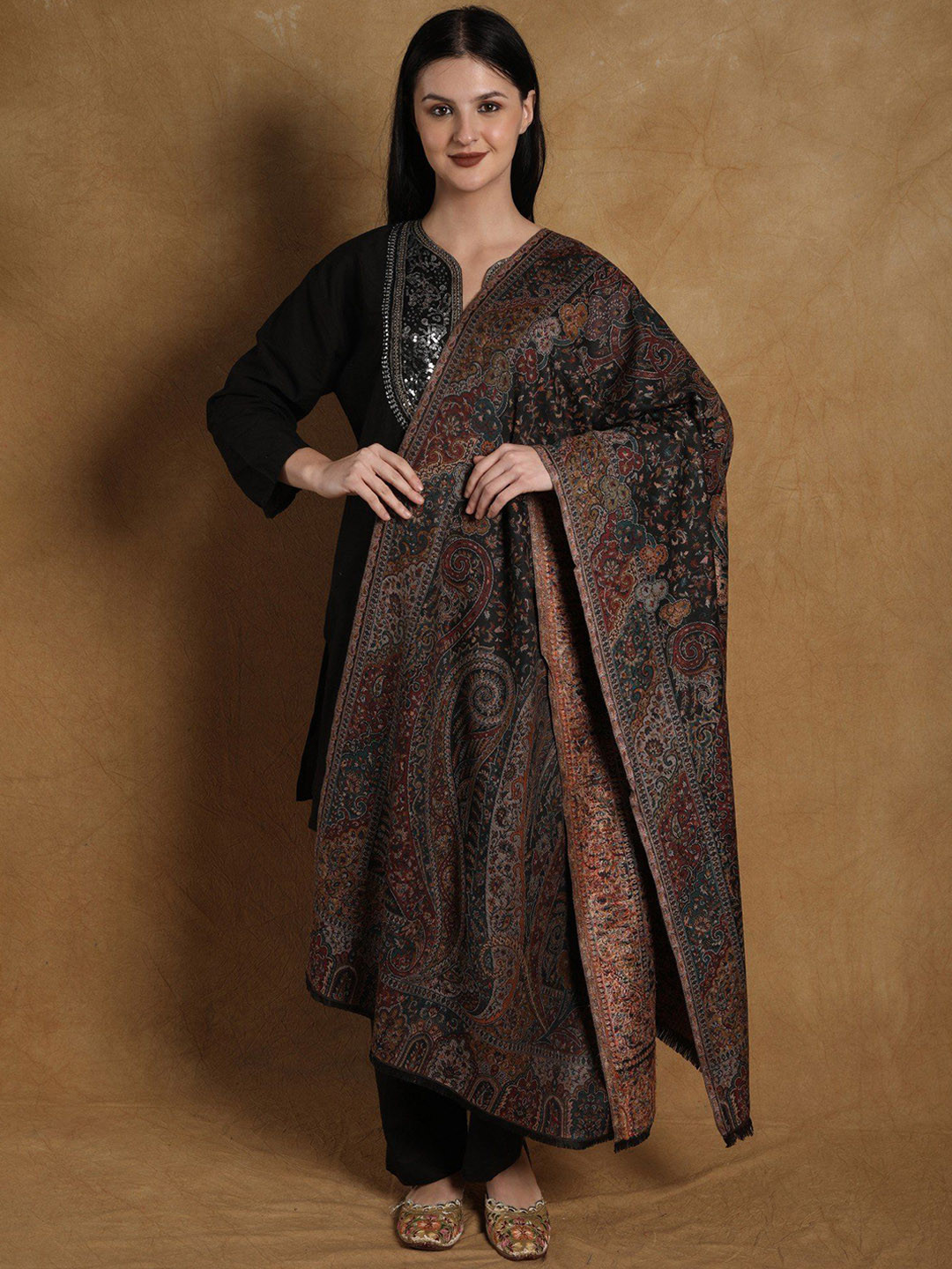 Exotic India Black Olive Kani Jamawar Wool Shawl with Woven Multicolor Flowers