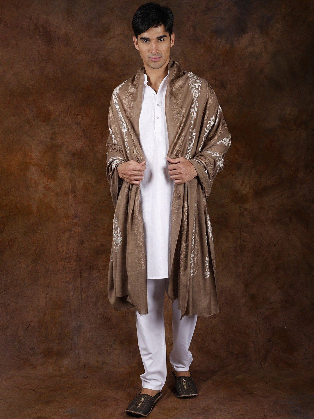 Exotic India Ginger Snap Pure Wool Aari Embroidered Floral Vines Shawl