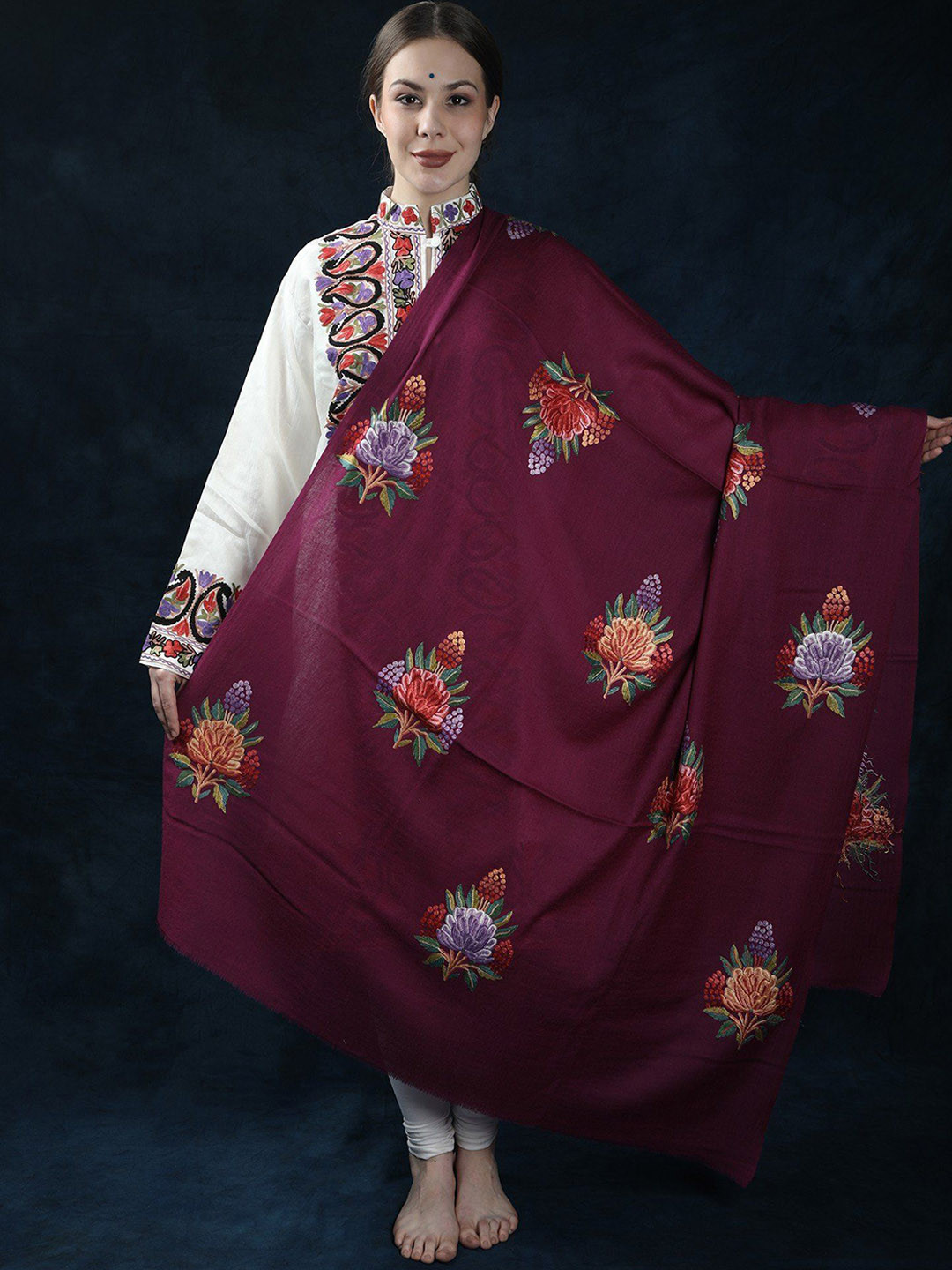 Exotic India Raspberry-Coulis Aari Hand Embroidered Floral Motif Pure Wool Shawl
