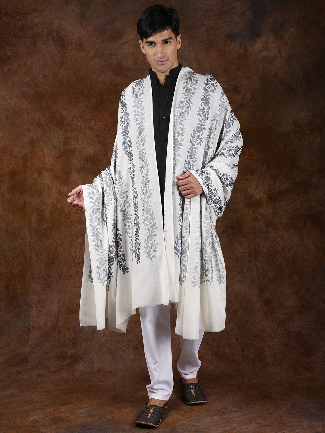 Exotic India Star White Pure Wool Aari Embroidered Floral Vines Shawl