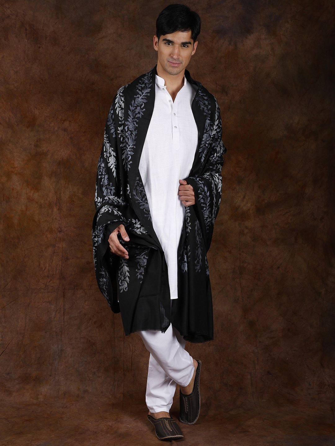 Exotic India Black Oyster Pure Wool Aari Embroidered Floral Vines Shawl