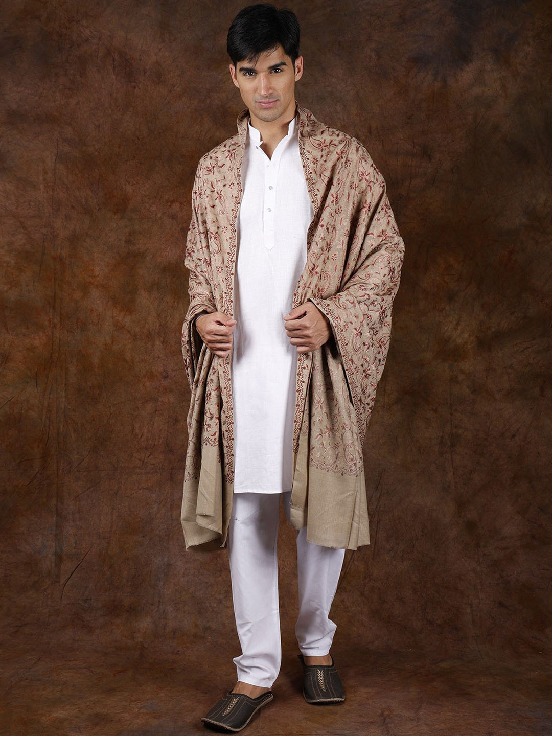 Exotic India White Pepper Men's Pure Wool Aari Embroidered Paisley Vines Shawl