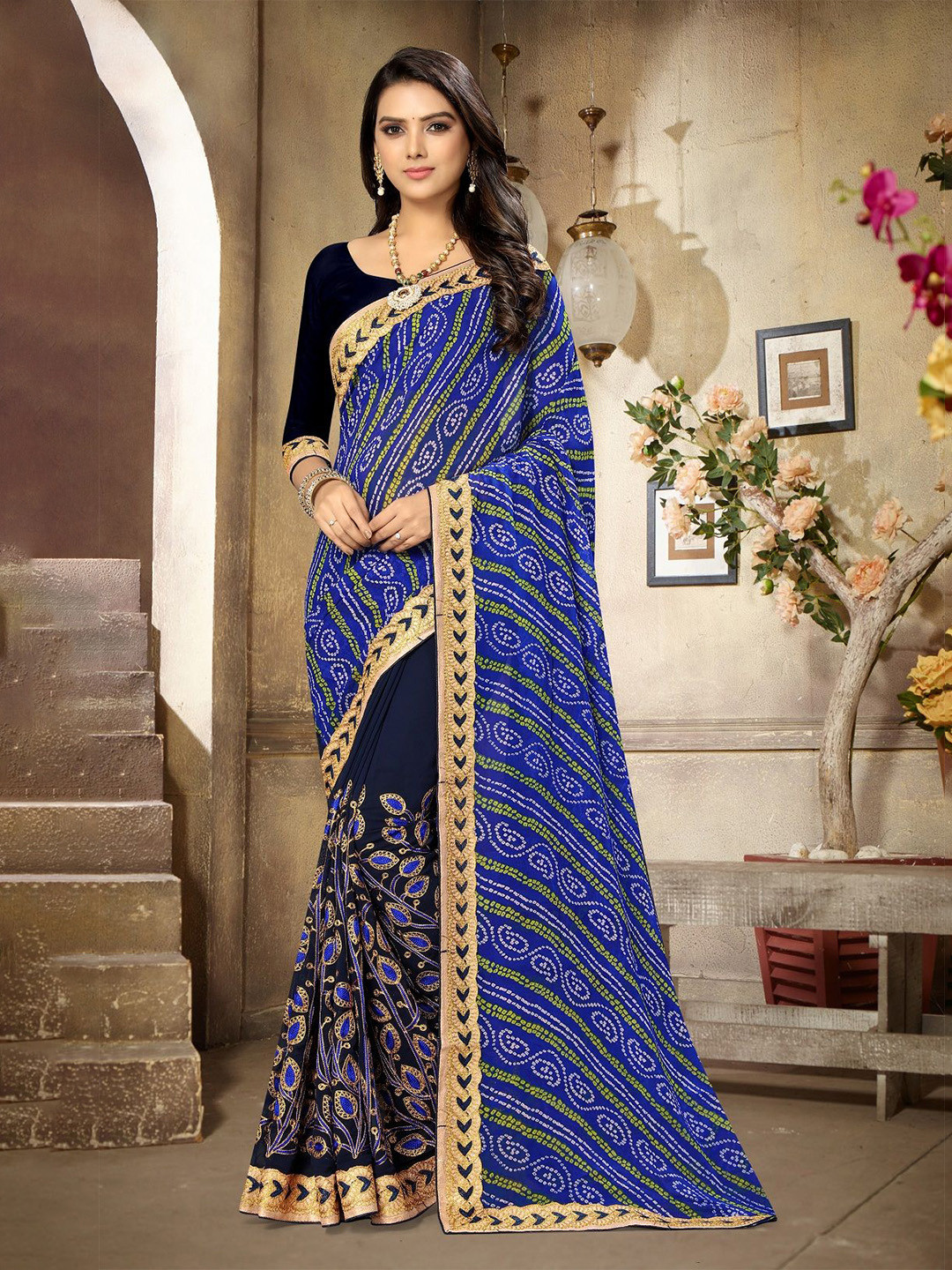 RAJGRANTH Floral Embroidered Pure Georgette Half and Half Saree
