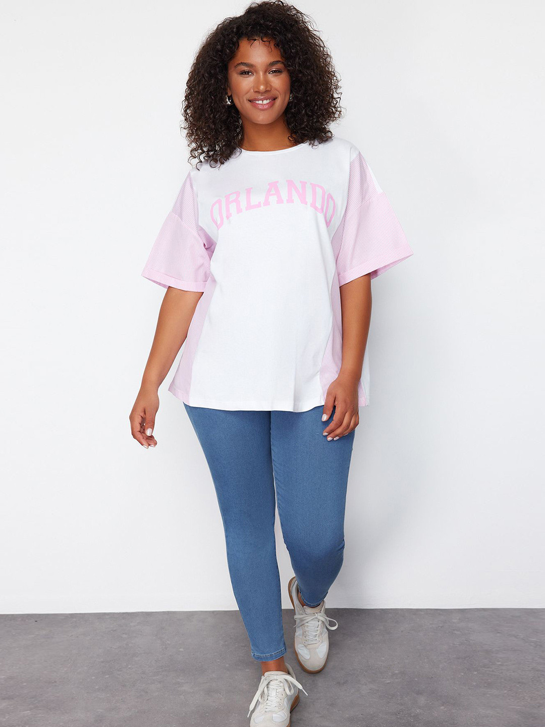 Trendyol Plus Size Typography Printed Round Neck Pure Cotton Regular T-shirt