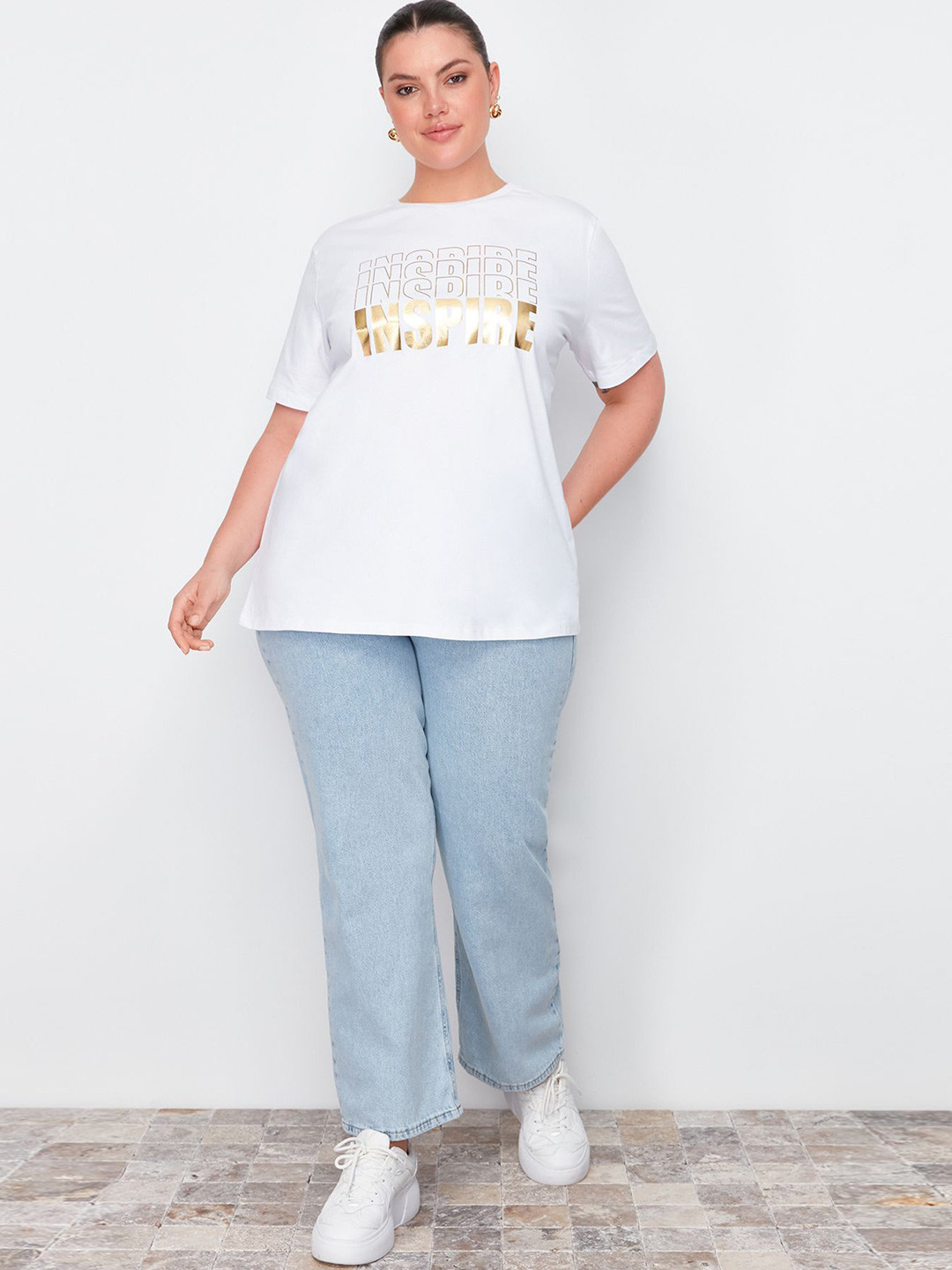 Trendyol PlusSize Typography Printed Drop-Shoulder Sleeves Cotton Regular T-shirt