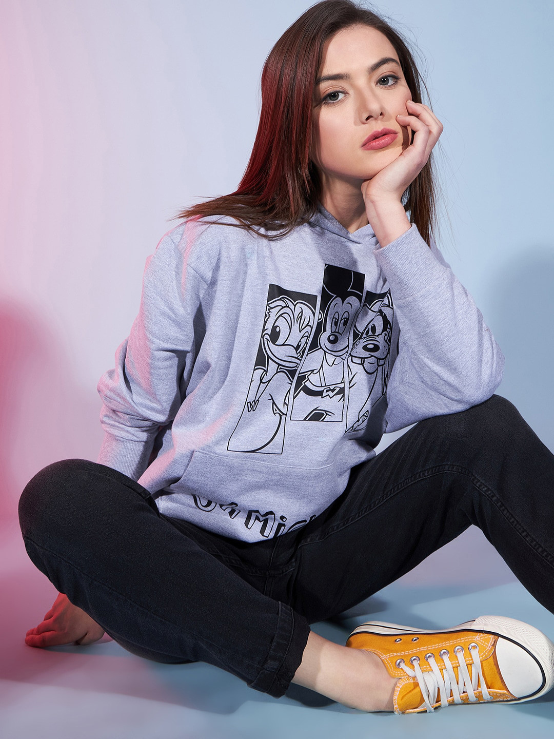 Disney by DressBerry Grey & Black Mickey Mouse Printed Hooded Cotton Pullover Sweatshirt