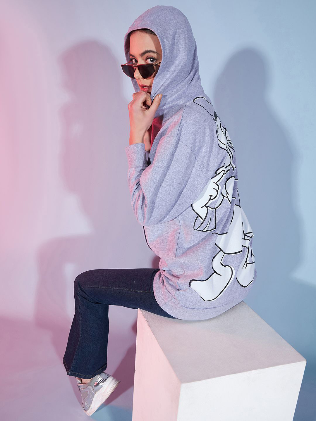 Disney by DressBerry Grey & White Mickey Mouse Printed Hooded Cotton Pullover Sweatshirt