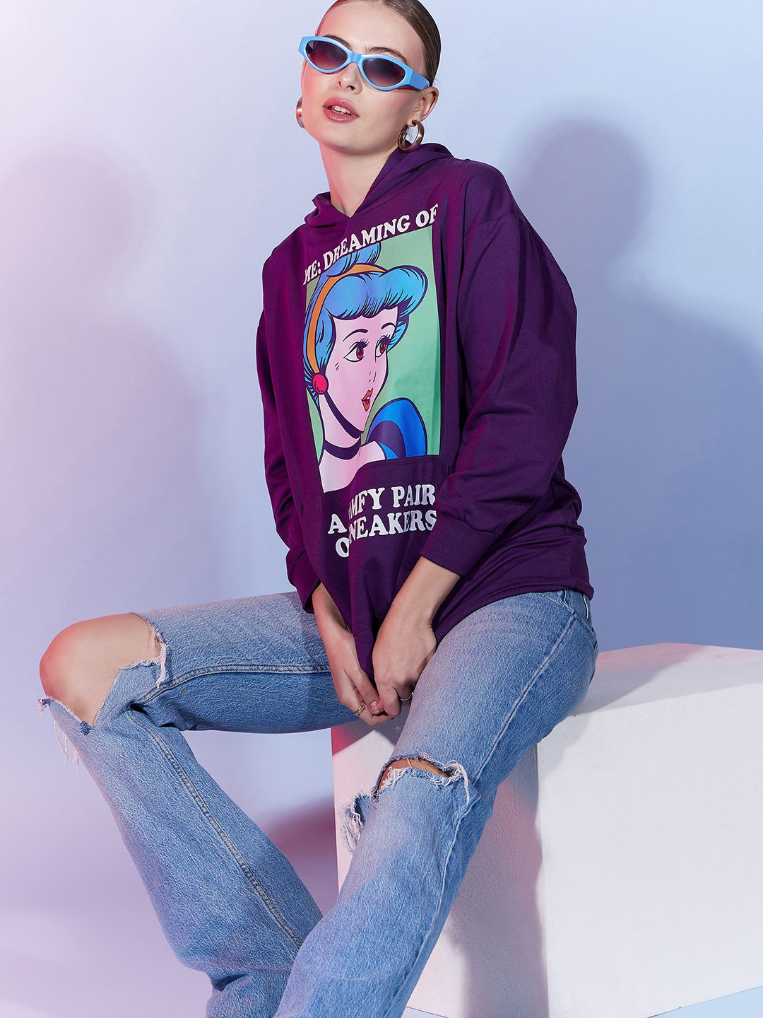 Disney by DressBerry Purple & White Cinderella Printed Hooded Cotton Pullover Sweatshirt