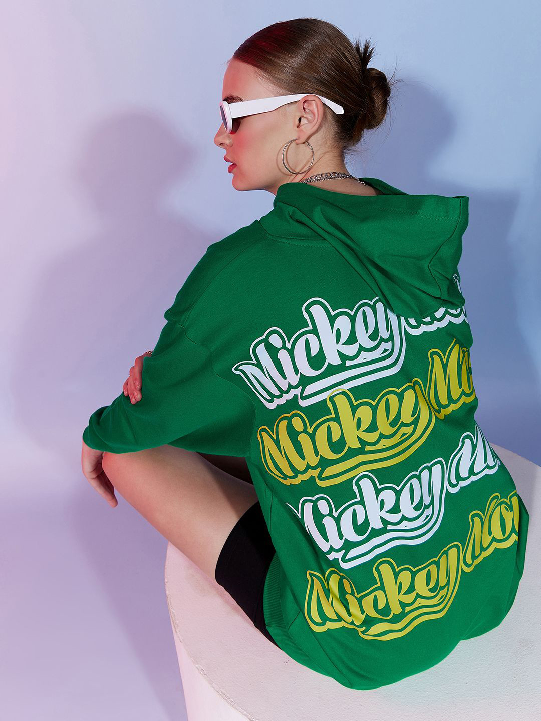Disney by DressBerry Green & White Mickey Mouse Printed Hooded Cotton Pullover Sweatshirt