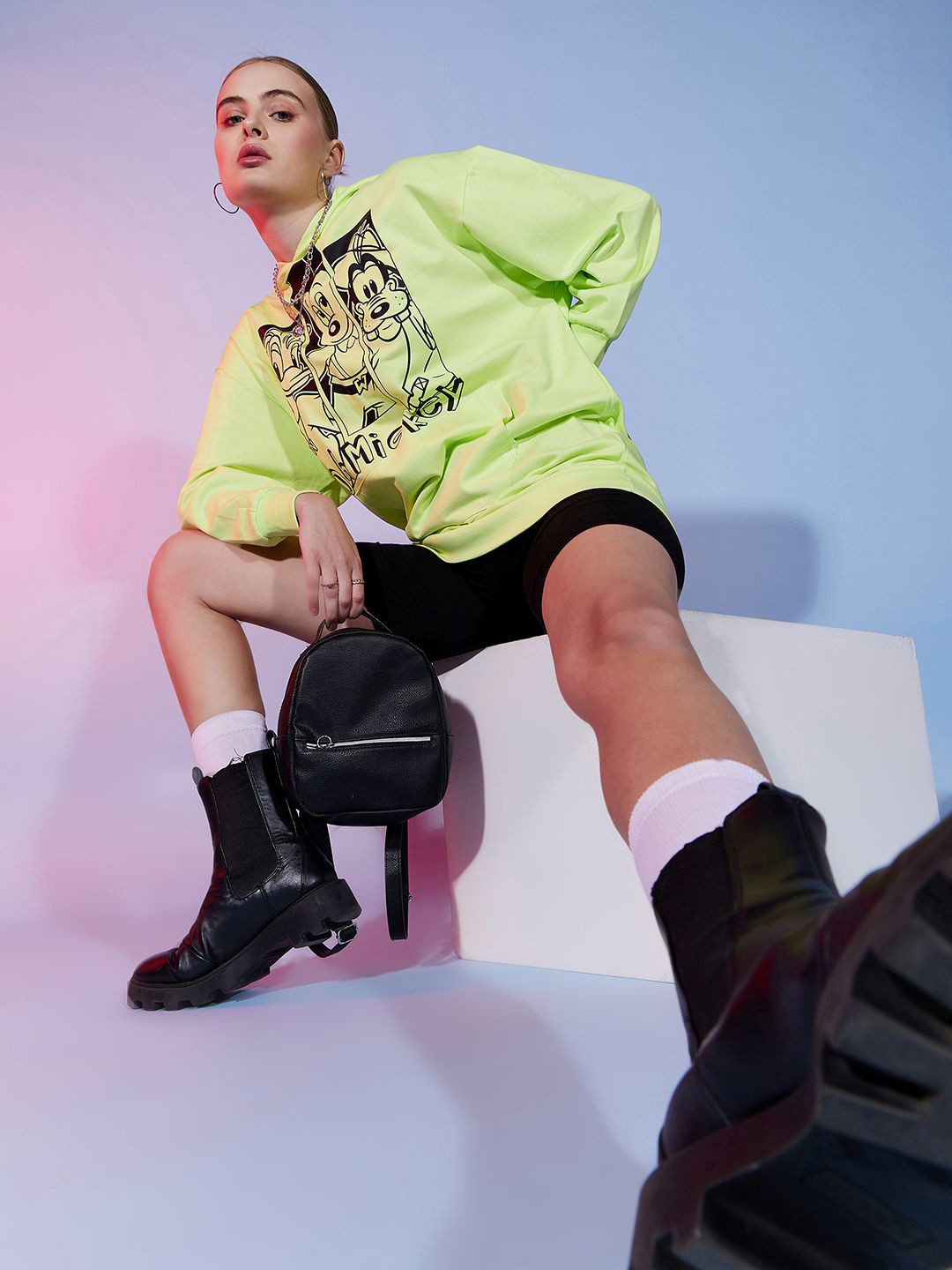 Disney by DressBerry Green & Black Mickey Mouse Printed Hooded Cotton Pullover Sweatshirt