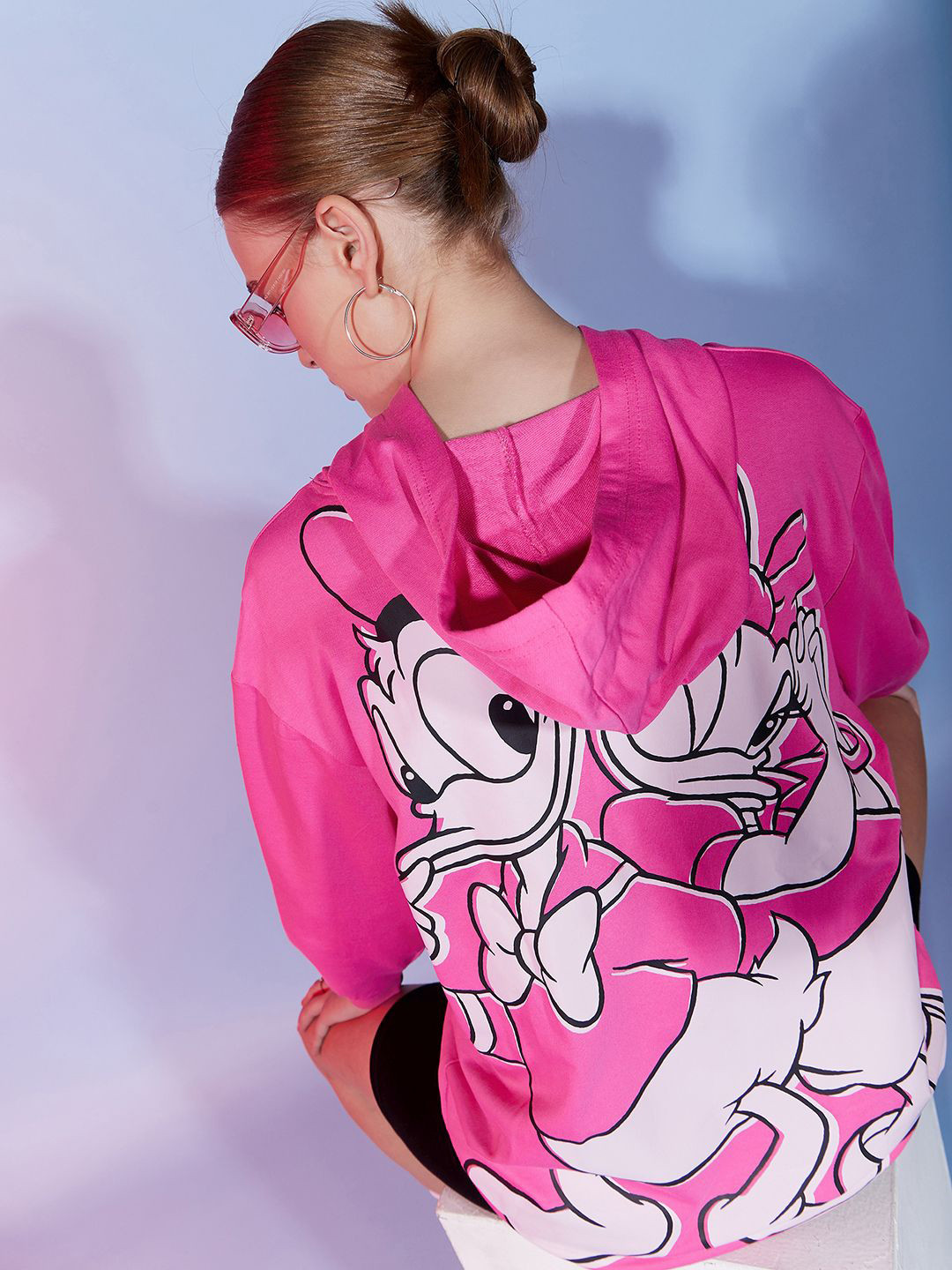 Disney by DressBerry Pink & Black Donald Duck Printed Hooded Cotton Pullover Sweatshirt