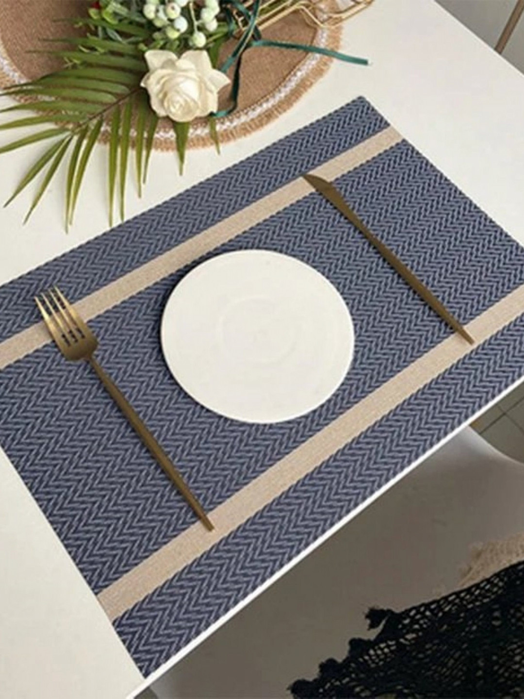 MONKDECOR 6 Pieces Blue Geometric Patterned Rectangular Table Placemat