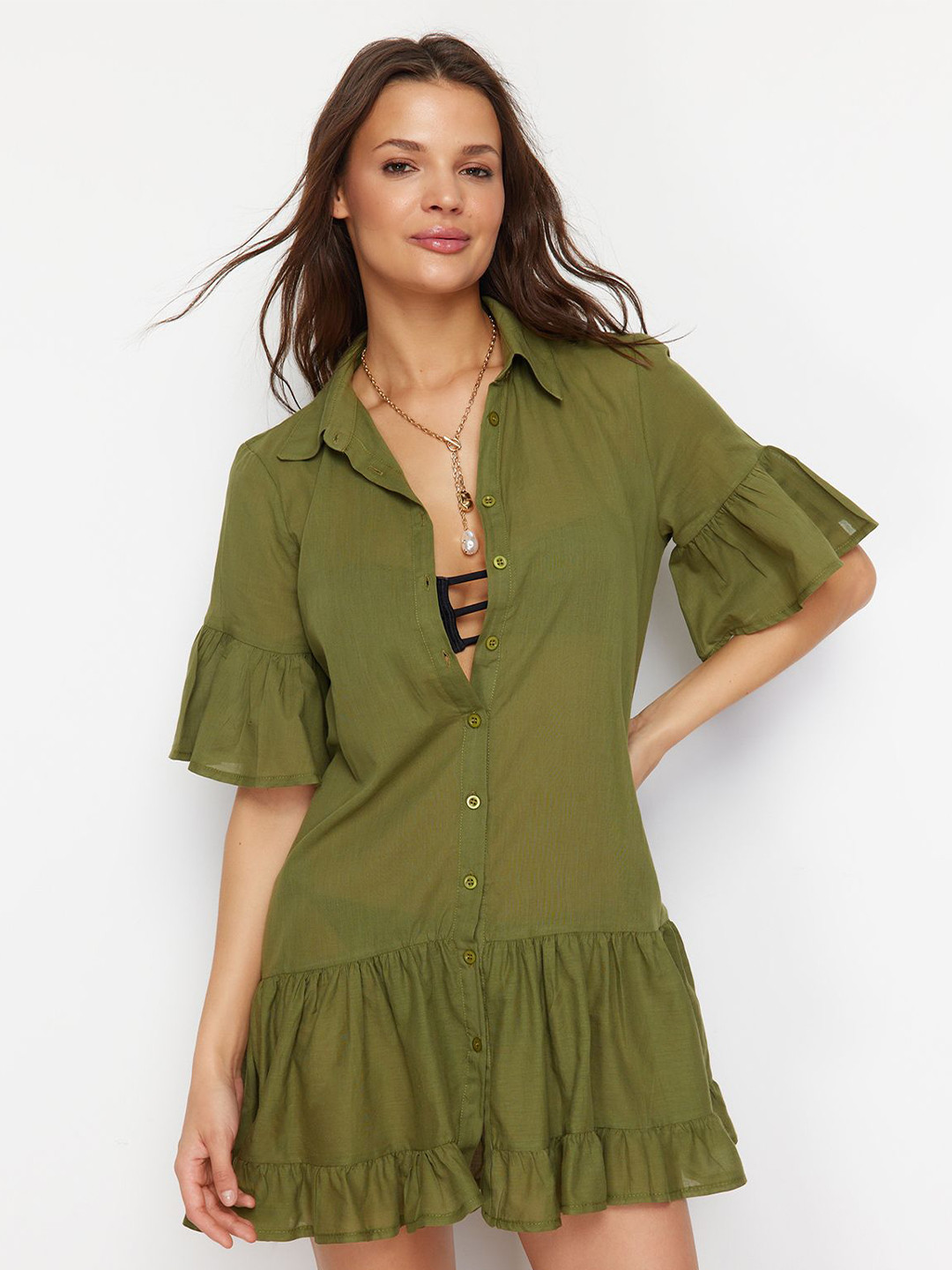 Trendyol Bell Sleeve Drop-Waist Pure Cotton Mini Dress