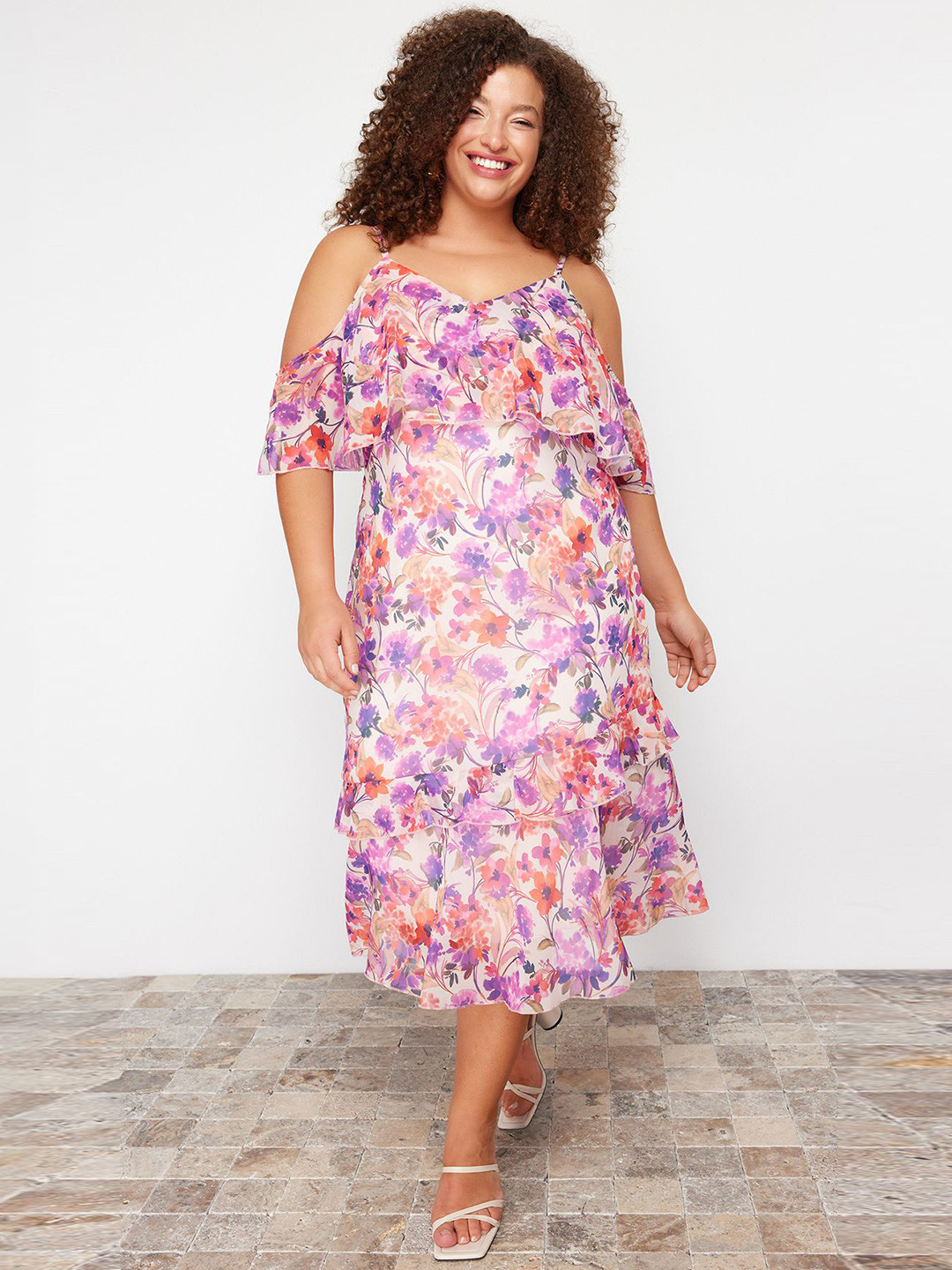 Trendyol Floral Printed Shoulder Straps Cold-Shoulder A-Line Midi Dress