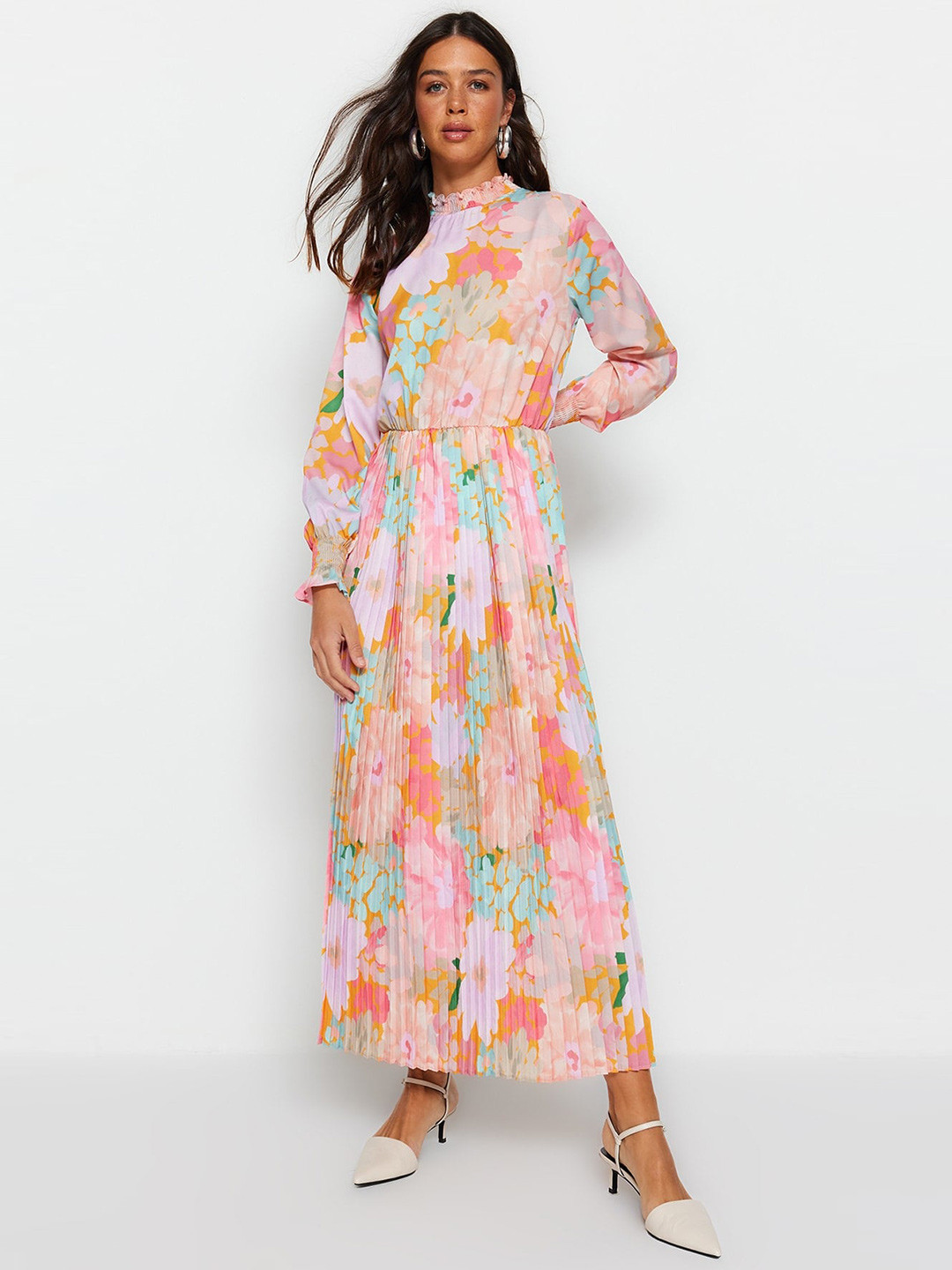 Trendyol Floral Printed High Neck Puff Sleeve Maxi Dress