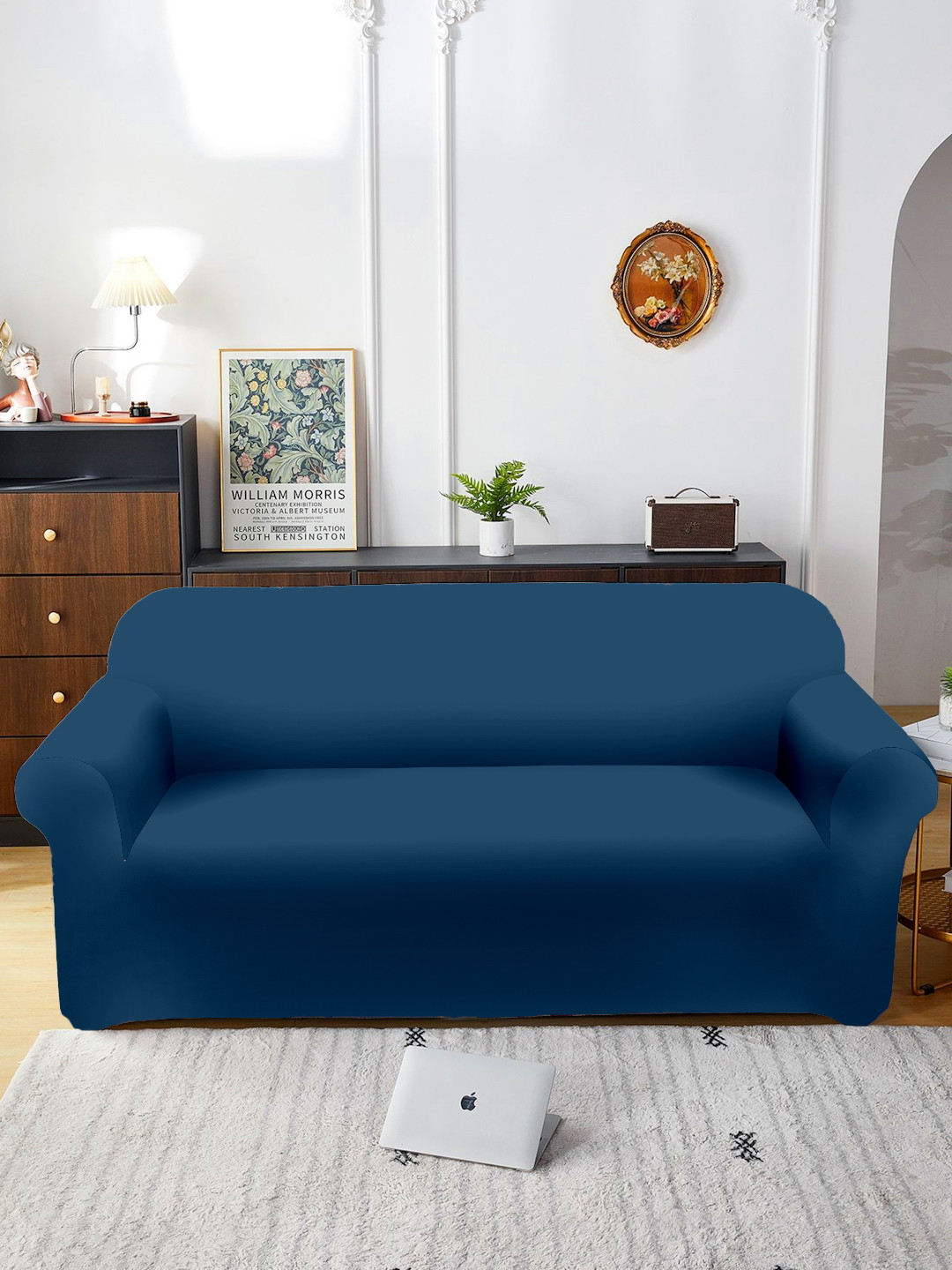 Aura Blue Three Seater Sofa Cover With Arms