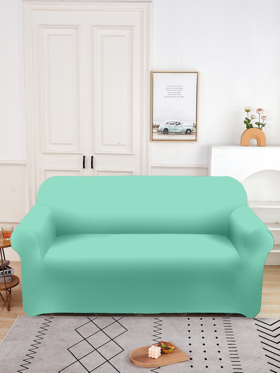 Aura Green Double Seater Plain Sofa Cover With Arms