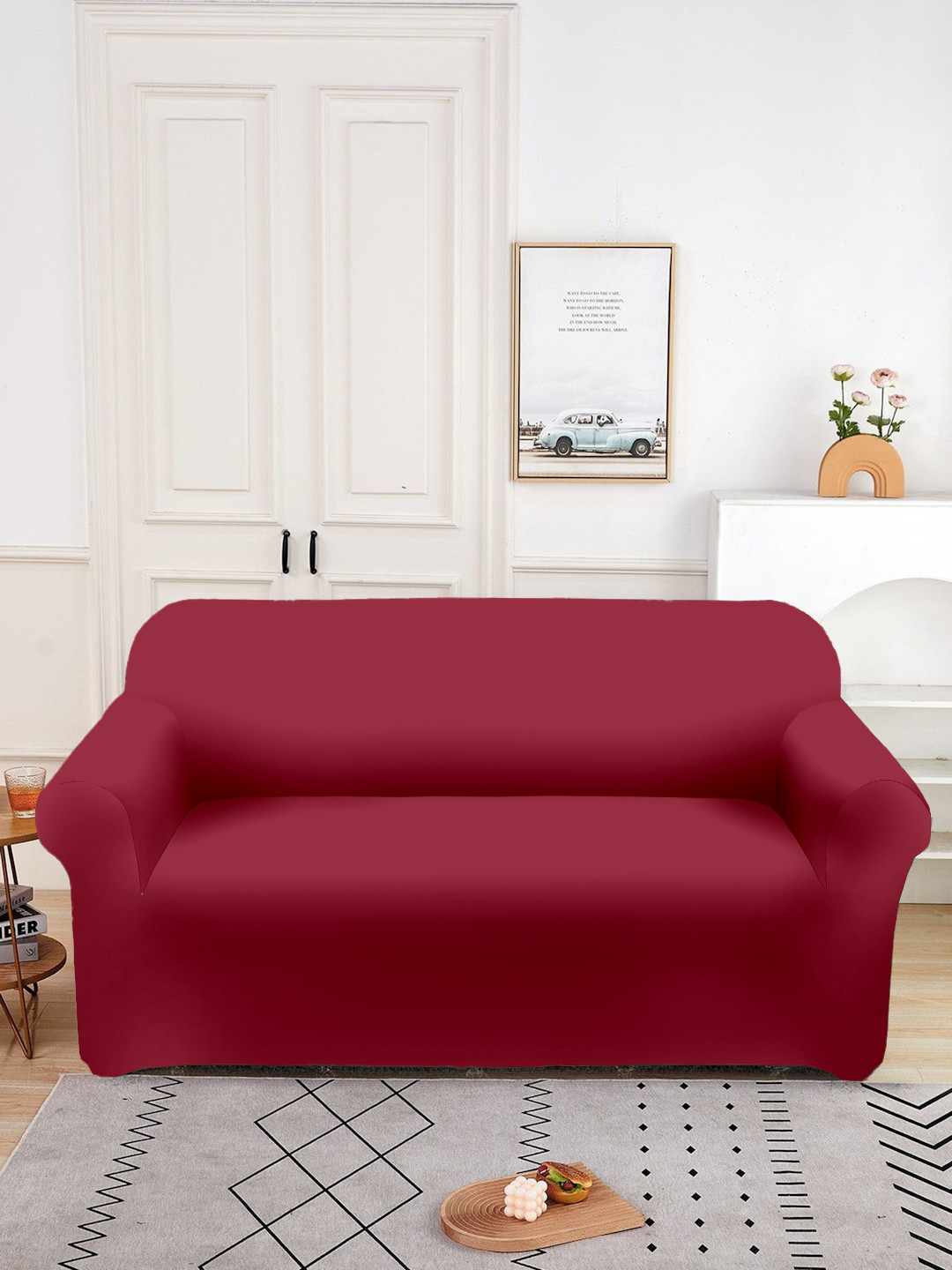 Aura Maroon Double Seater Sofa Cover With Arms