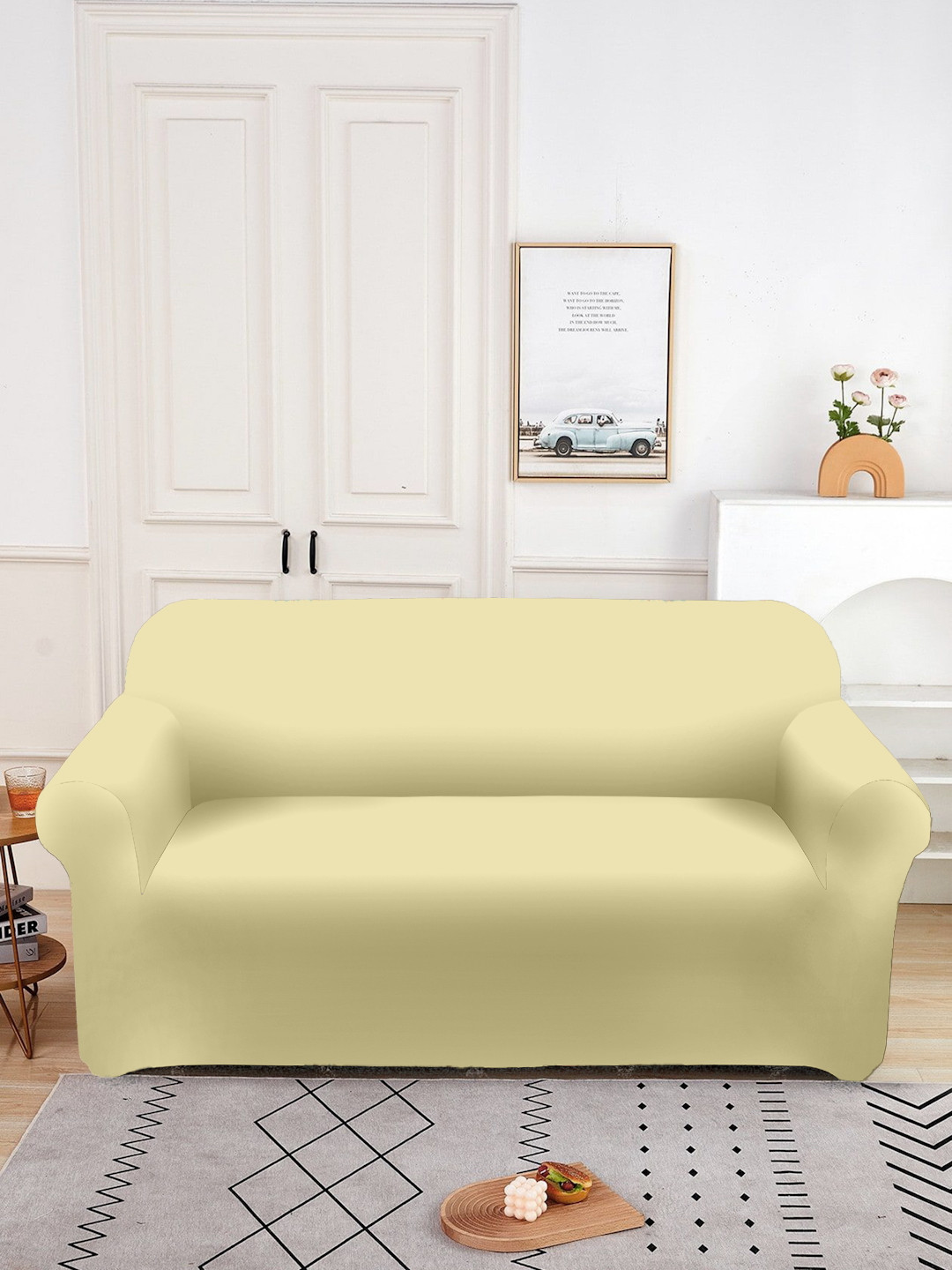 Aura Cream Solid Polyester Stretch Fit Straight 2 Seater Sofa Cover-57x73In