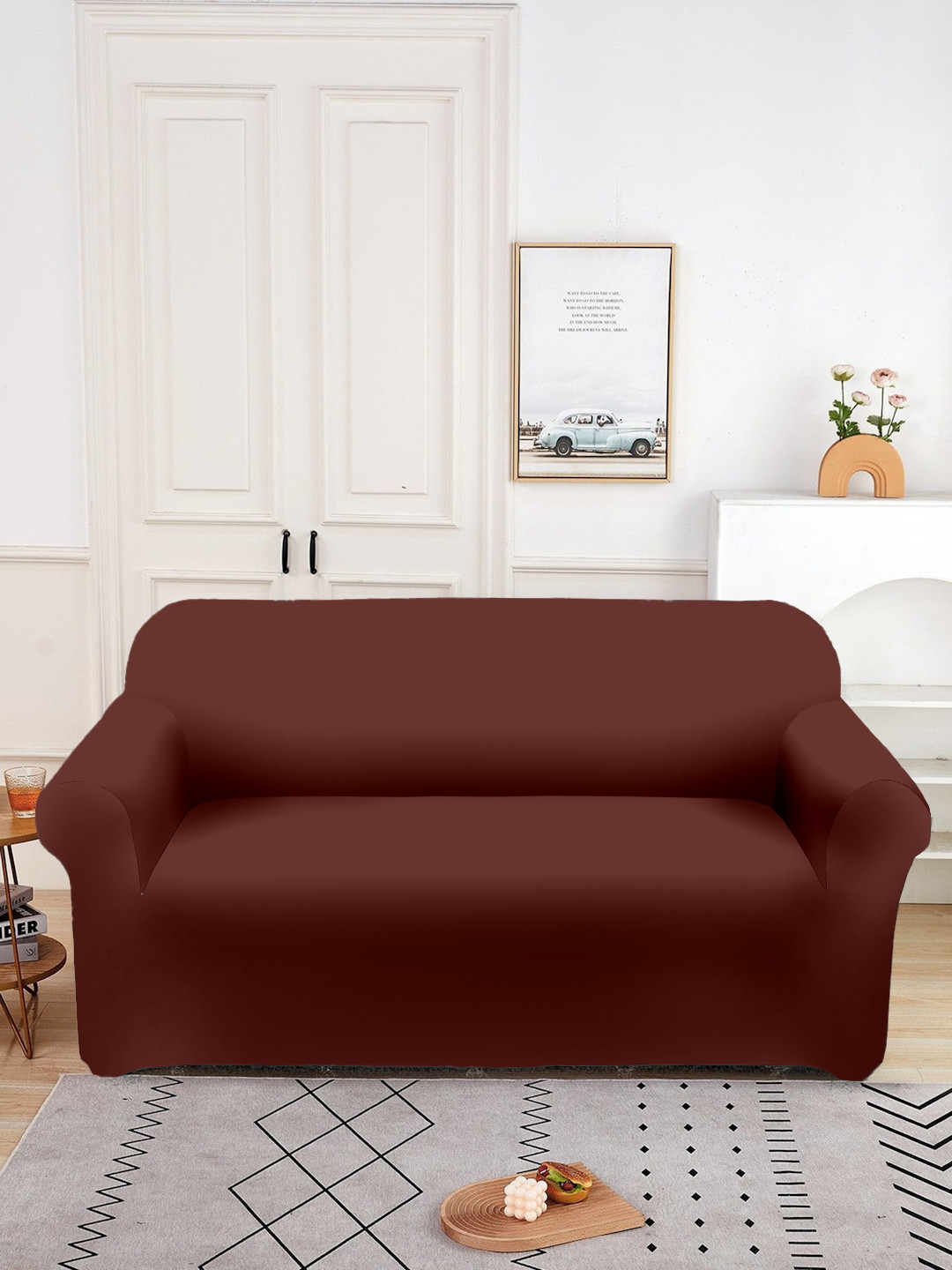 Aura Brown Double Seater Sofa Cover With Arms