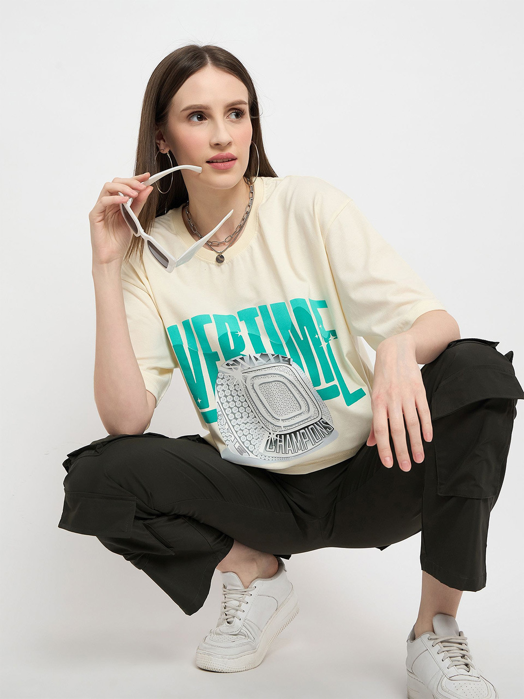 Skidlers Round Neck Drop Shoulder Sleeves Typography Printed Oversized Cotton T-shirt