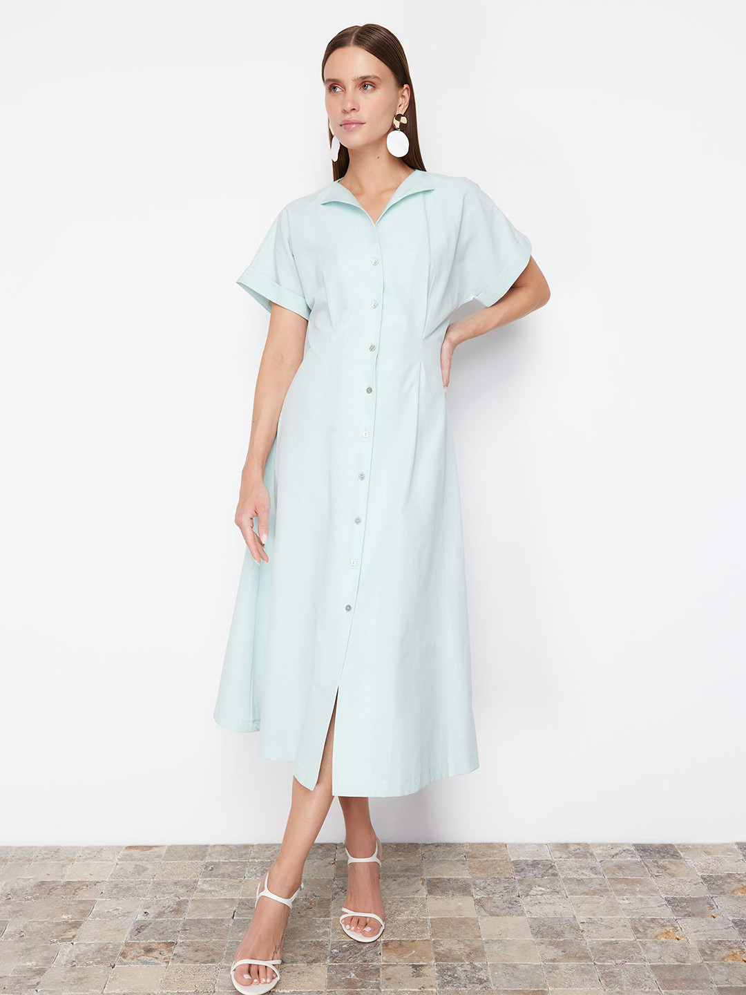 Trendyol Shirt Collar Extended Sleeves Cotton Shirt Midi Dress
