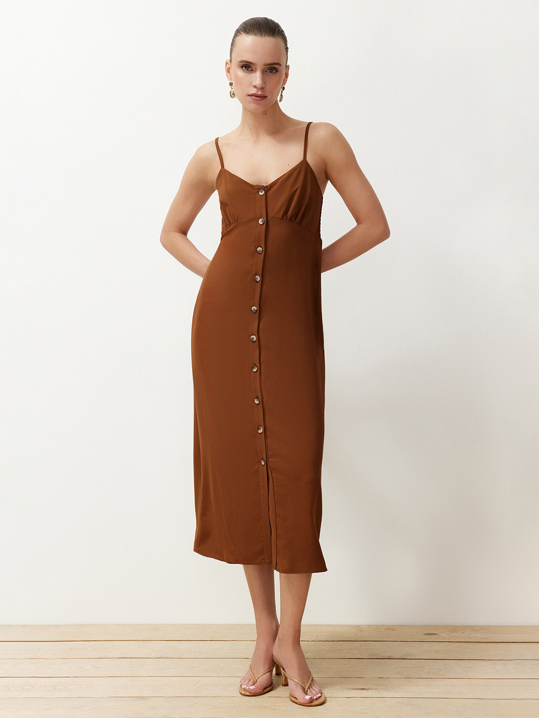 Trendyol Shoulder Straps Smocked Midi A-Line Dress