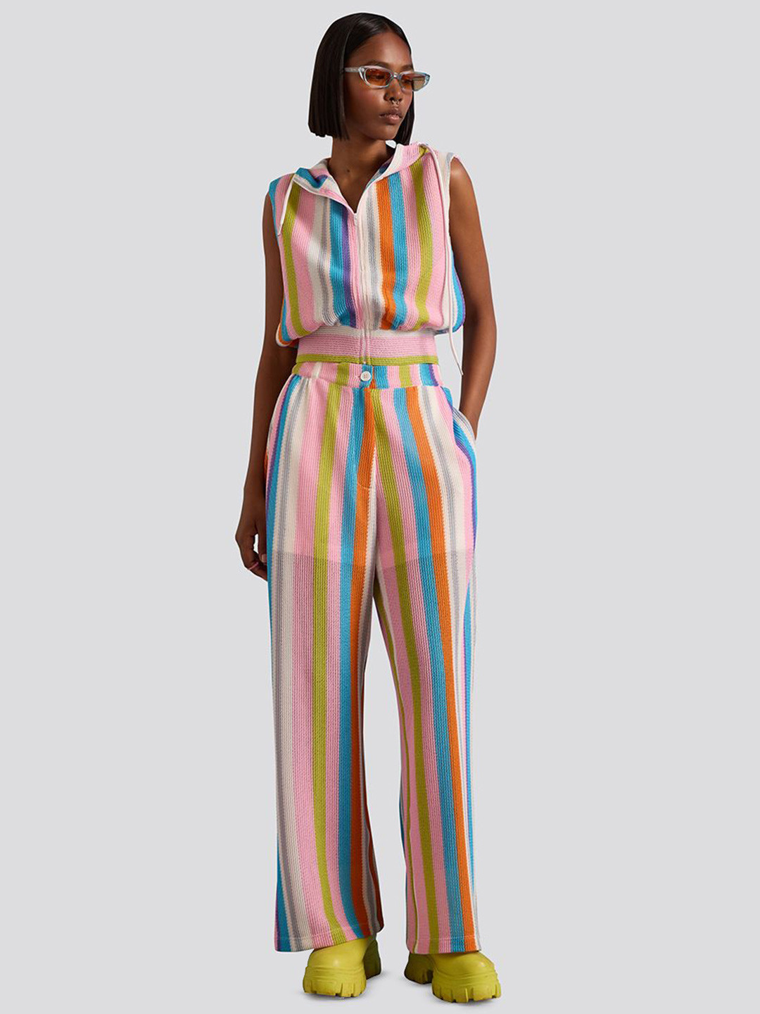 Muvazo Vertical Stripes Hooded Sleeveless Crochet Regular Top